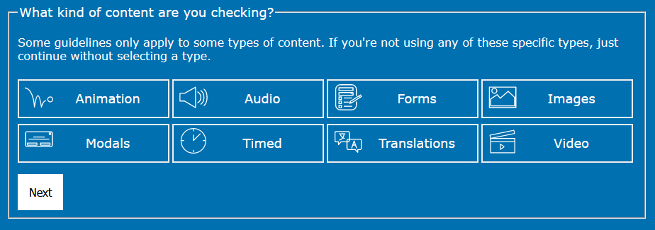 Content selection step showing the 8 content types: animation, audio, forms, images, modals, times, translations, and video