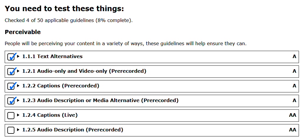 Some listed guidelines under the Perceivable group, all minimised, showing the first 4 checked