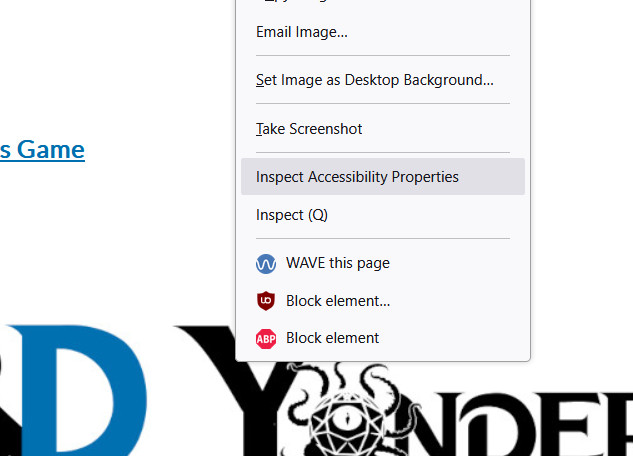 The accessibility inspector option in the Firefox context menu