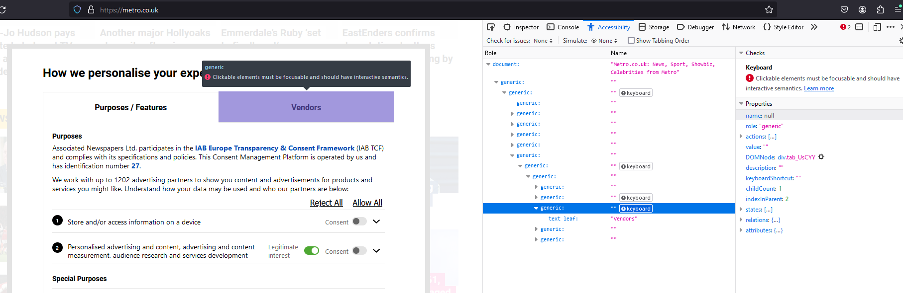 Metro website showing the vendors tab missing essential keyboard access despite having click event handlers