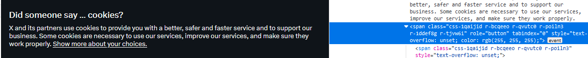 Twitter cookie banner showing a span masquerading visually as a link and sementically as a button, but doing neither well