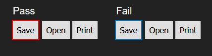 2 sets of buttons showing a pass and fail on colour contrast with the page background using an outline for the focus indicator