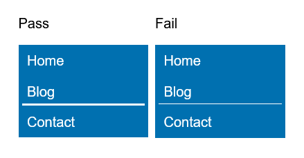 2 navigation bars showing a 3px bottom border focus style on the passing link, and a 1px bottom border on the failing link