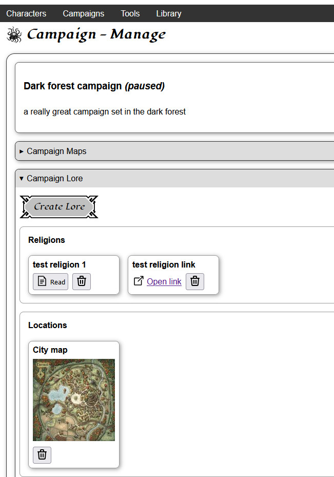 Campaign management showing lore section