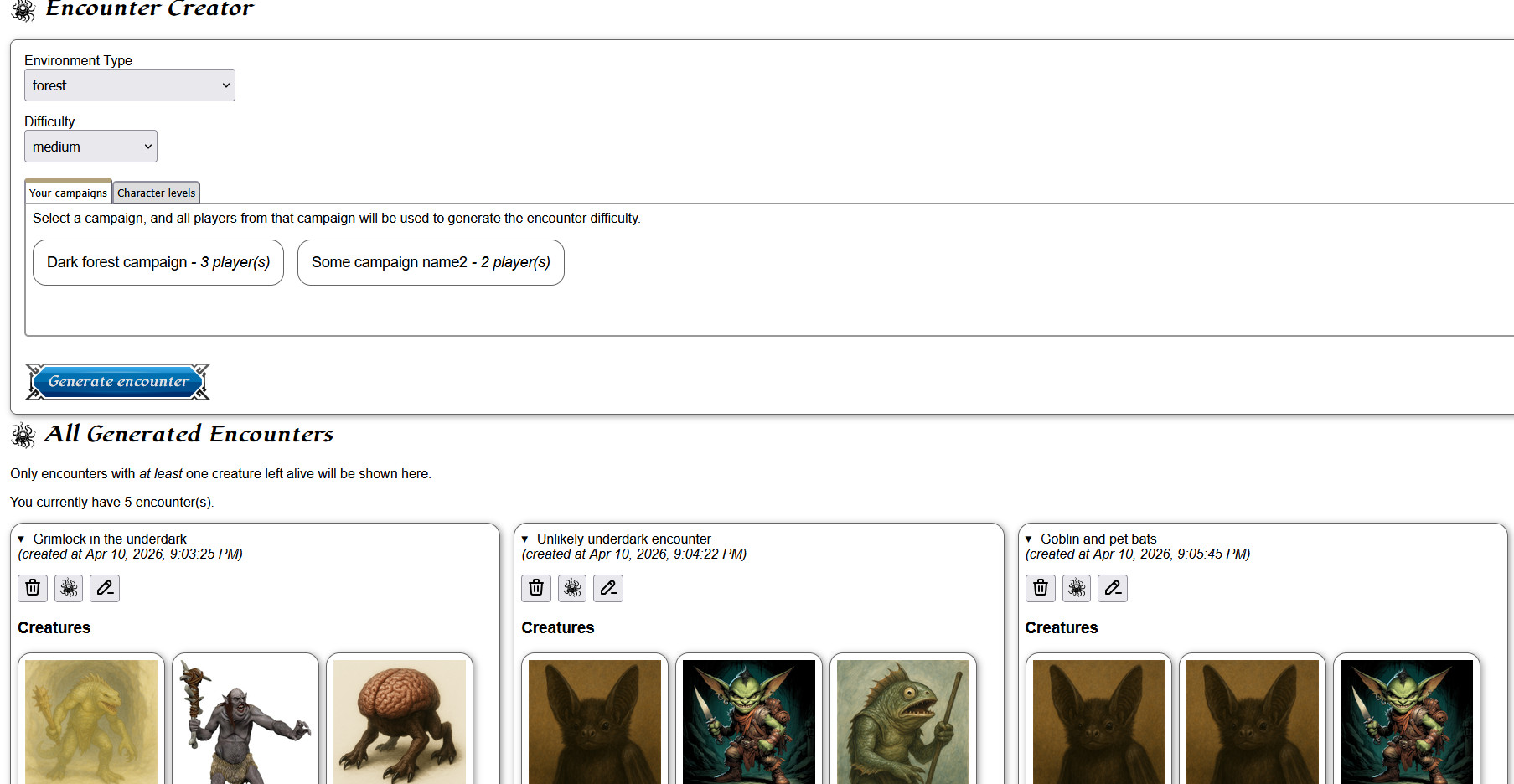 Encounter Generator showing some generated encounters for a campaign