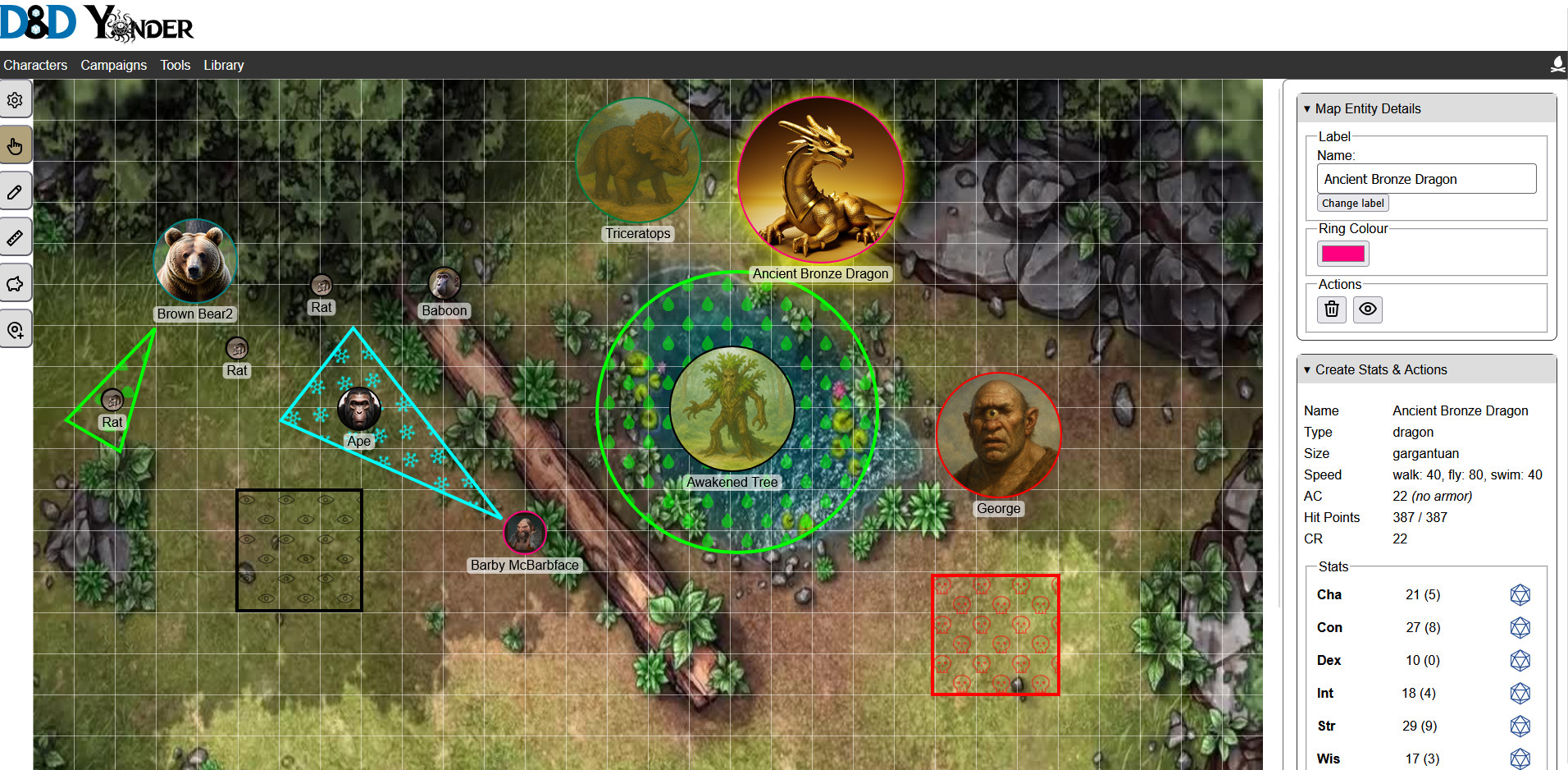 A campaign map showing the Ancient Bronze Dragon selected, which brings up a details and actions side panel